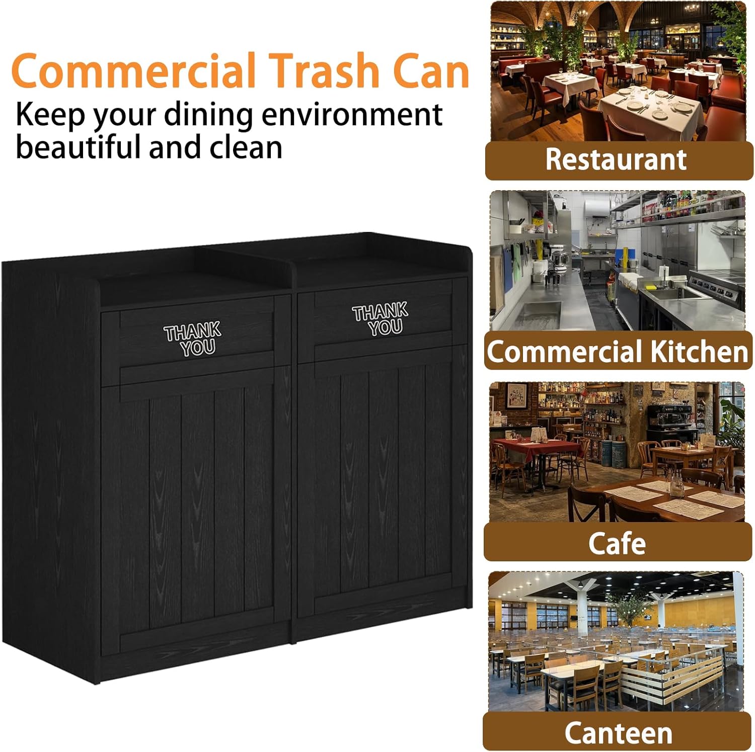 Double 40 Gallon Restaurant Trash Can Cabinet, Wooden Commercial Trash Cans and Garbage Receptacle with Tray Holder, Large Trash Cabinet for Restaurant, Kitchen, Office, Black (Black, Double)