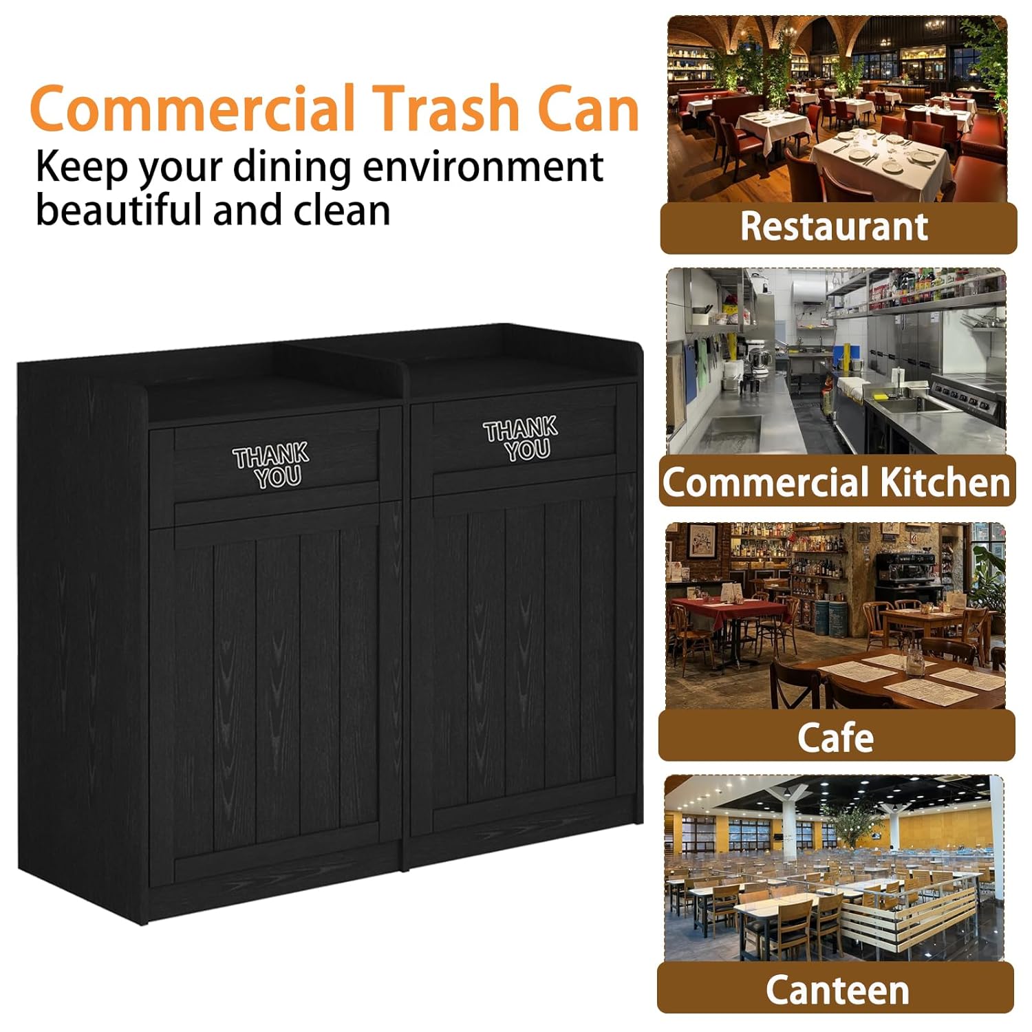 Double 40 Gallon Restaurant Trash Can Cabinet, Wooden Commercial Trash Can with Tray Holder, Large Garbage Cabinet for Restaurant Cafeteria Office, Black