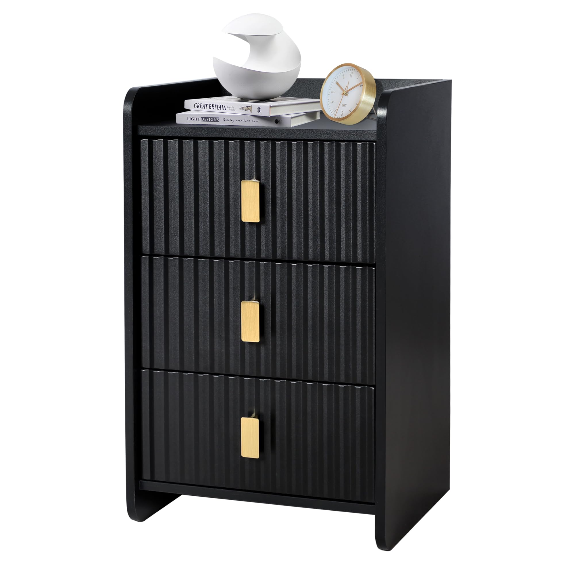 ESTUWD Bedside Table with 3 Drawers - Modern Nightstand - Bedside Cabinet Wooden Fluted Easy to Assemble - Bed Side Table for Bedroom Living Room Small Spaces - 33 * 30 * 55 cm ((1, Black)