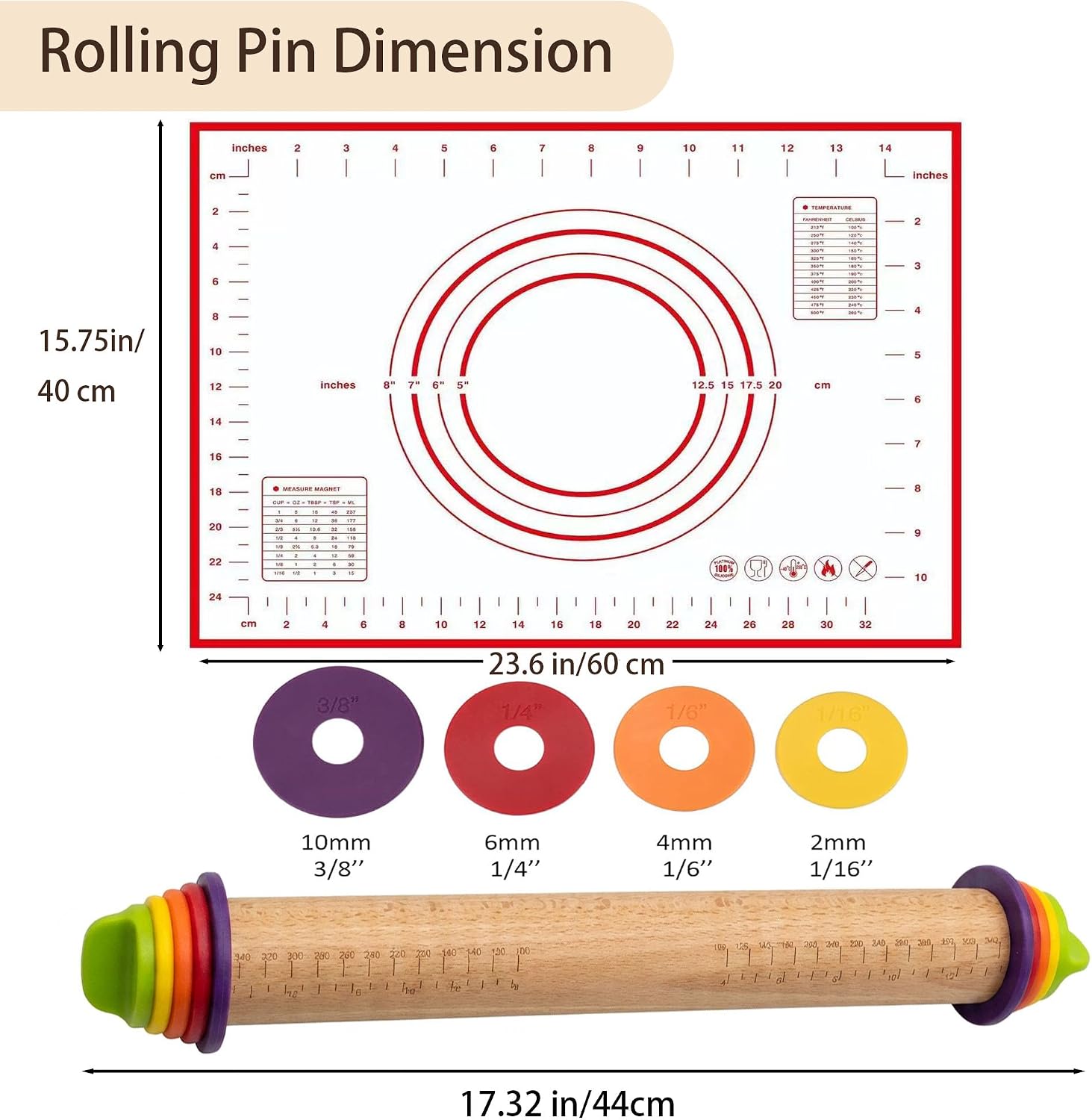 Adjustable Rolling Pin with Thickness Rings & Silicone Baking Mat, 13.78" Dough Roller with 4 Multicolored Rings,Wooden Rolling Pins for Baking, Bread, Pizza Doughs-Home Baking Gift