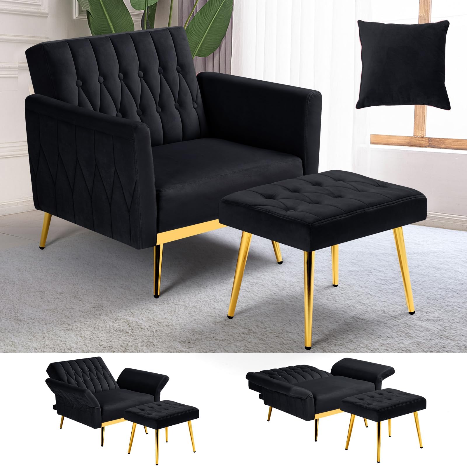 Velvet Accent Chair with Adjustable Armrests and Backrest, Button Tufted Lounge Chair, Single Recliner Armchair with Ottoman and Pillow for Living Room, Bedroom, Black