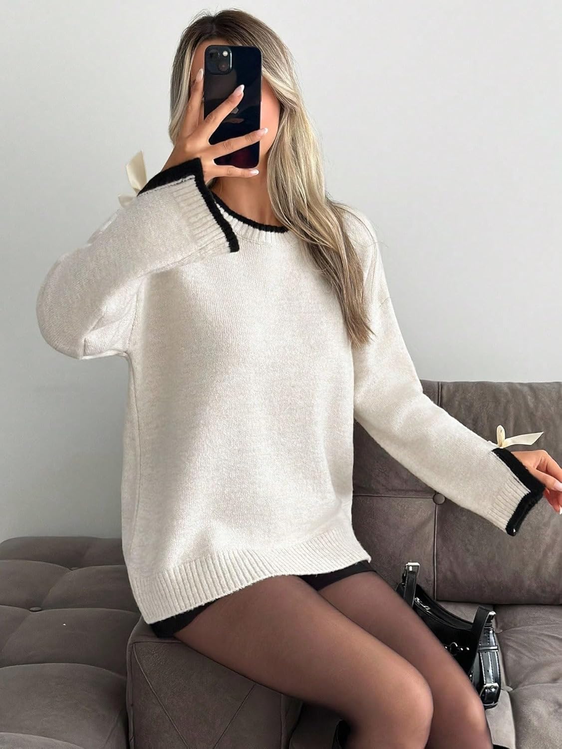 ZAFUL Women's Crewneck Bow Flare Sleeve Cozy Sweaters Elegant Contrast Trim Trendy Pullover Knit Tops