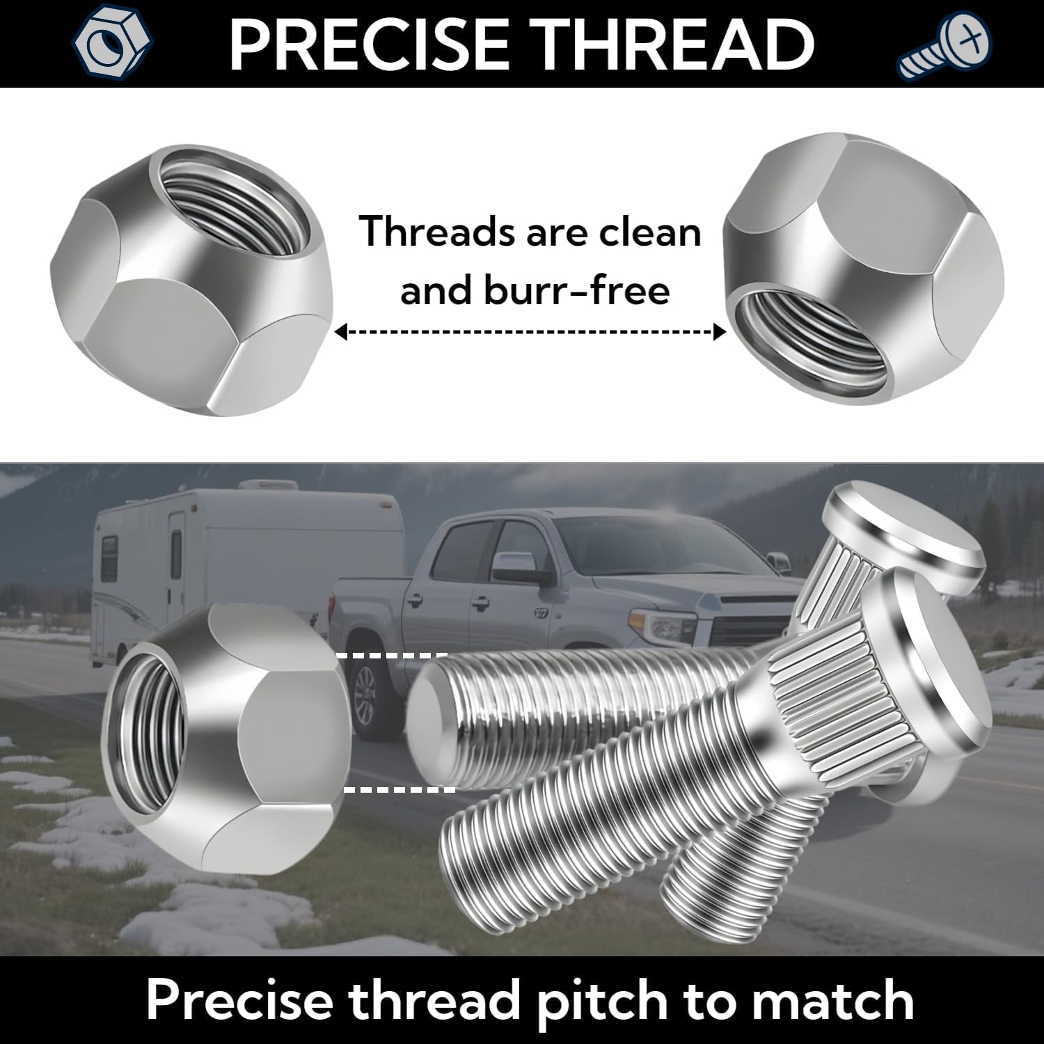 6 Sets 1/2"-20 Wheel Studs with Nuts – 10.9 Grade, 2.06" L, 0.57" Spline