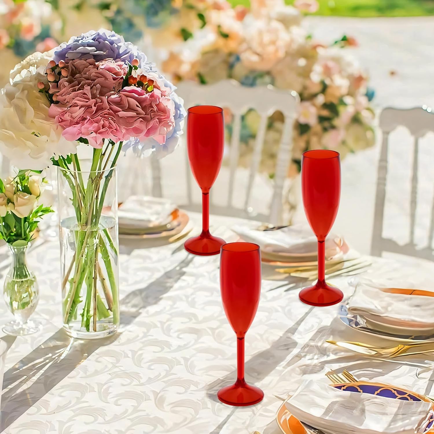 12 Pcs Champagne Flutes 5.4OZ Plastic Champagne Glasses Wine Glasses Plastic Goblets for Parties Mimosa Bar Glasses Stemmed Drinking Cups for Wedding Celebration Christmas Birthday Bride (Clear Red)