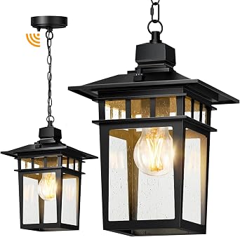 Outdoor Pendant Light with Dusk to Dawn, Waterproof Aluminum Hanging Porch Light,Vintage Outdoor Chandelier,Exterior Pendant Lighting Fixture with Clear Glass,Hanging Lights for Patio Gazebo