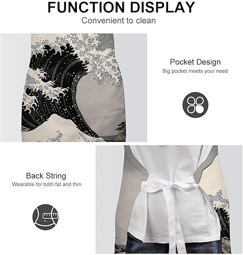 Miniatura 6 de MUSM Apron for Adults - 27.6 X 31.5 Inch, Heavy-Duty Polyester Aprons with Two Large Pockets, Waterproof Kanagawa Black Waves Kitchen Apron for