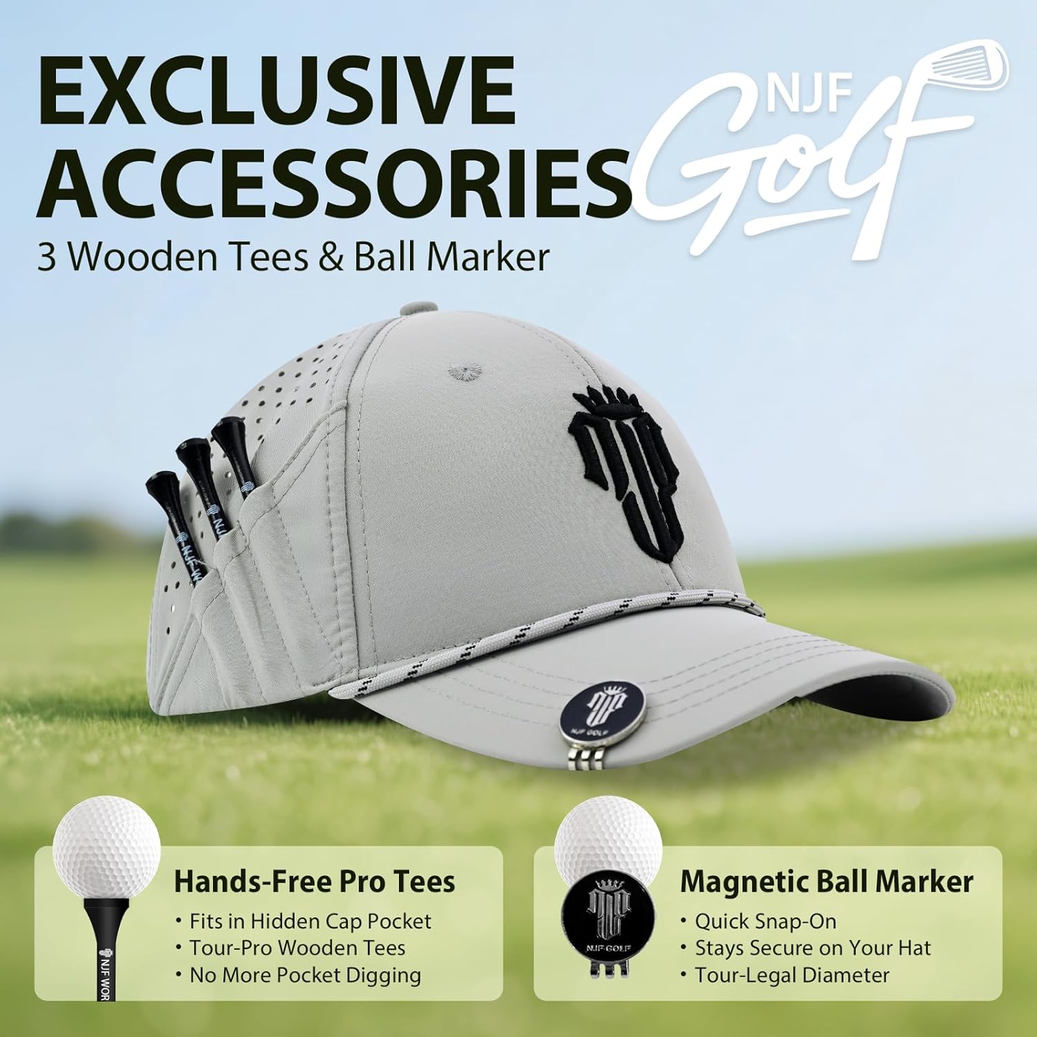 NJF Golf™ Hat & XLD Golf Ball Deals, Adjustable Light Gray Cap for Men & Women with Tee Holder + 5-Pack Extreme Long Distance Golf Balls, Soft Feel Low Spin in Black Box, Ideal Gift for Golfer Bundle