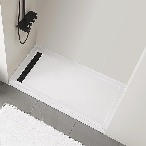 MORVANO 32 x 60 x 4 Shower Base with Single Threshold Rectangular Left Drain Location Shower Base in Glossy White, Acrylic Shower Pan with Black Stainess Steel Cover, Left Drain