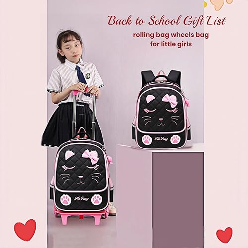 Miniatura 2 de Mochila con ruedas para niñas, mochila escolar, con estampado de cara de gato, equipaje de mano con ruedas, 2 Ruedas Negro, L, Estilo A -2 Ruedas