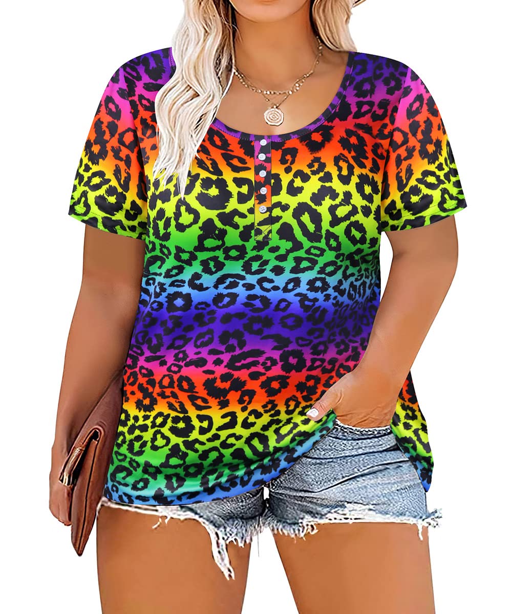 RITERAPlus Size Tops for Women Summer Short Sleeve Button Henley Shirts Tie Dye Oversized Tunic Blouse XL-6XL