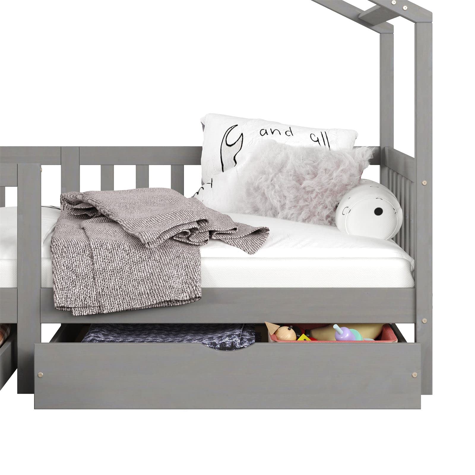 IDIMEX Hausbett ELEA aus massiver Kiefer, Kinderbett mit Rausfallschutz 90x200cm, Spielbett mit Dach in grau