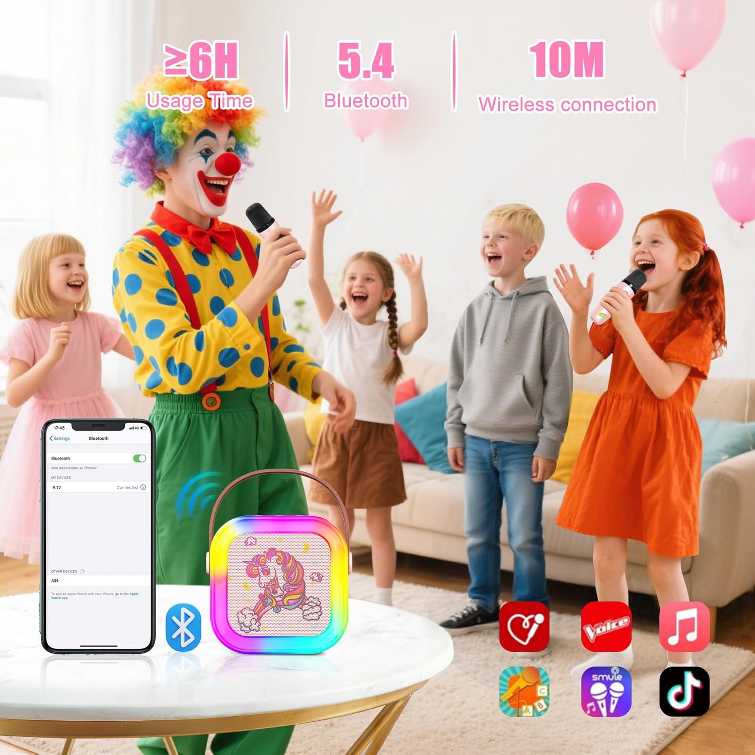 Mini Karaoke Machine for Kids: Unicorn Bluetooth Speaker with 2 Wireless Microphones, Portable Singing Toy & Birthday Gifts for Girls Ages 4-12 - Image 2