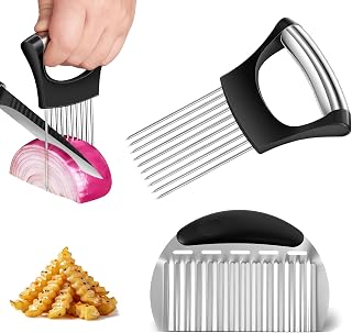 Onion Holder for Slicing & Crinkle Cutter Knife, Stainless Steel Onion Slicer Holder French Fry Cutter,Kitchen Gadgets, Multi-Use Chopper with Handle for Lemon Onions Tomatoes Avocados Potatoes