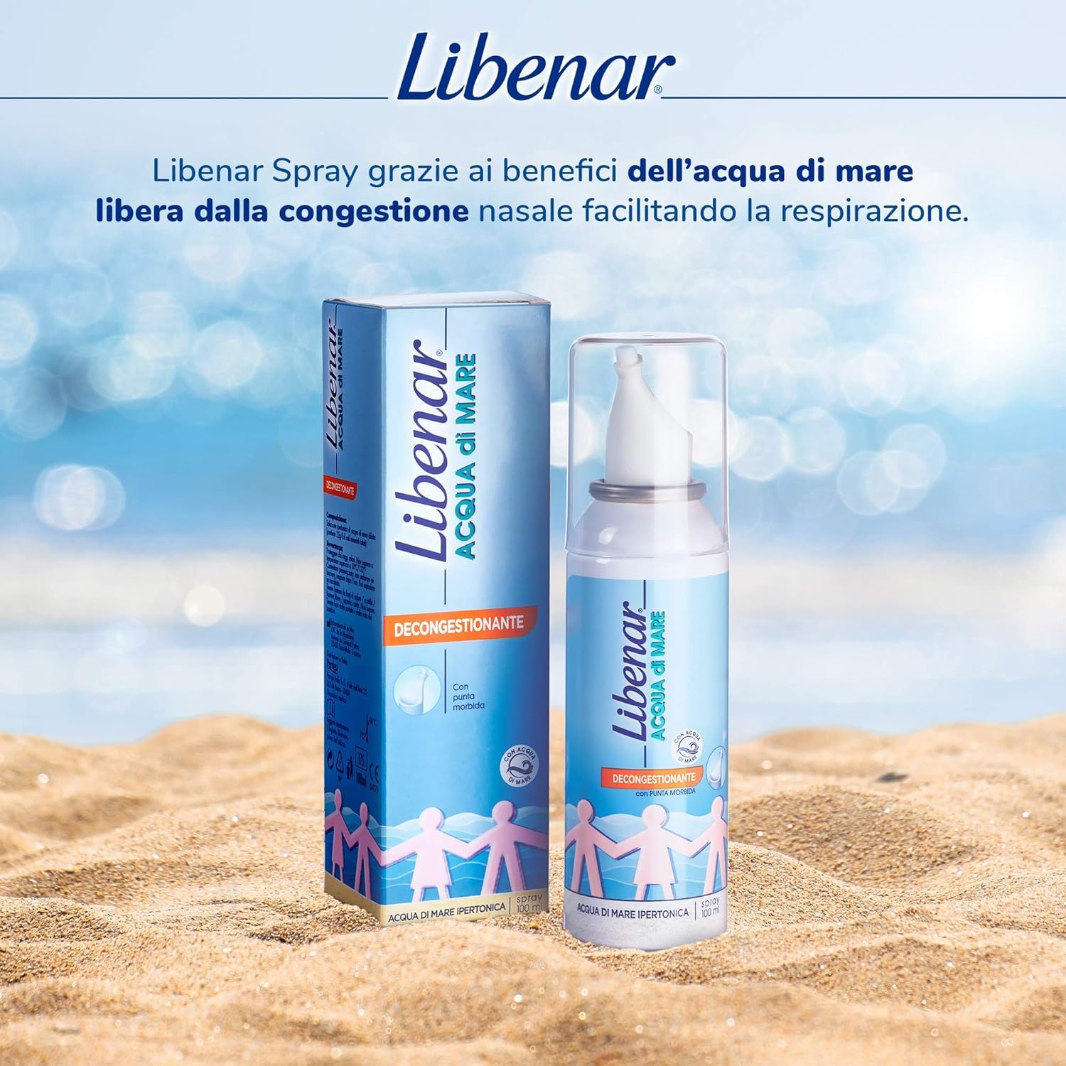 Libenar Spray Nasale Decongestionante Acqua di Mare per Adulti, Bambini e Neonati, Adatto per il Naso Chiuso e Lavaggi Nasali, Punta Morbida, Getto Delicato, 100ml
