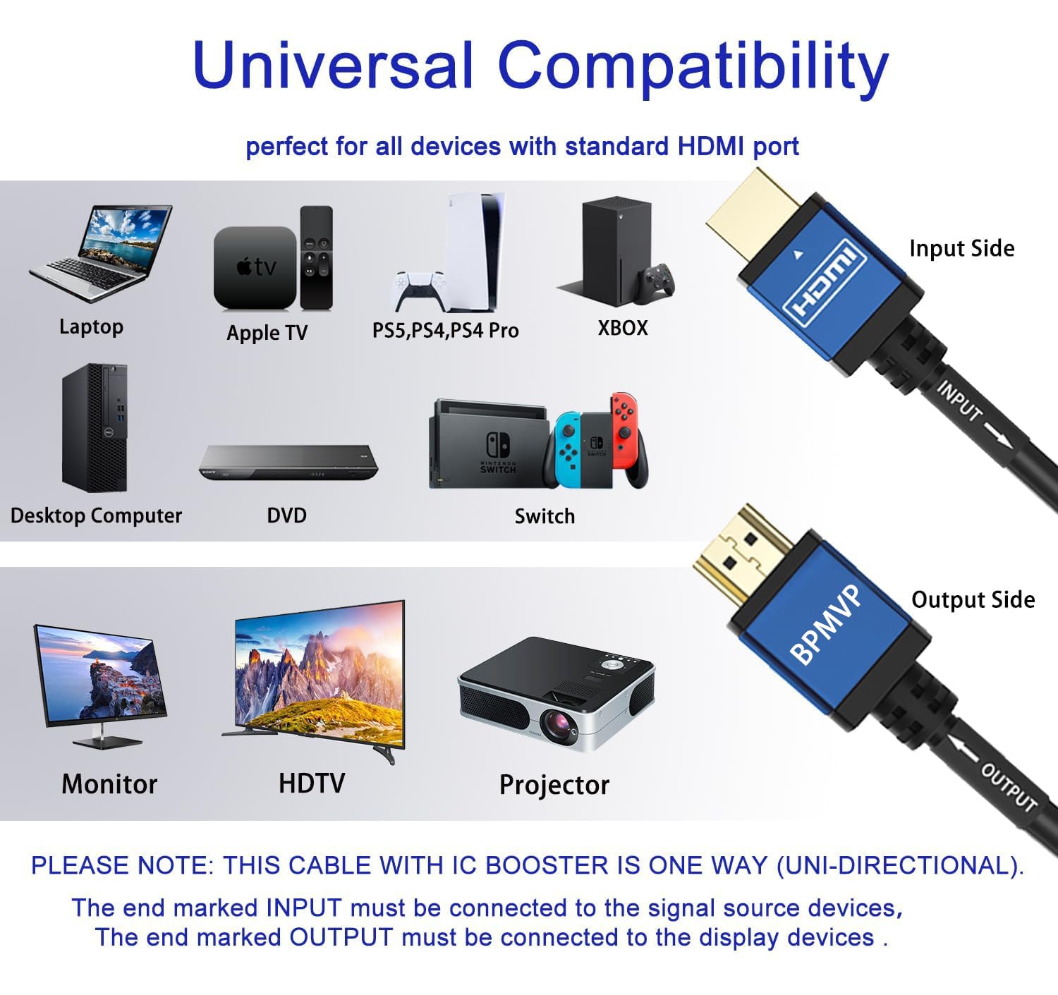 BPMVP Cavo HDMI 4K da 30,5 m, ultra HD, ad alta velocità, 4K60Hz, cavo HDMI 2.0, supporto 4K, 2160P, 1080P, 3D, Ethernet e ritorno audio (ARC), HDR, larghezza di banda 18 Gbps, HDCP2.2
