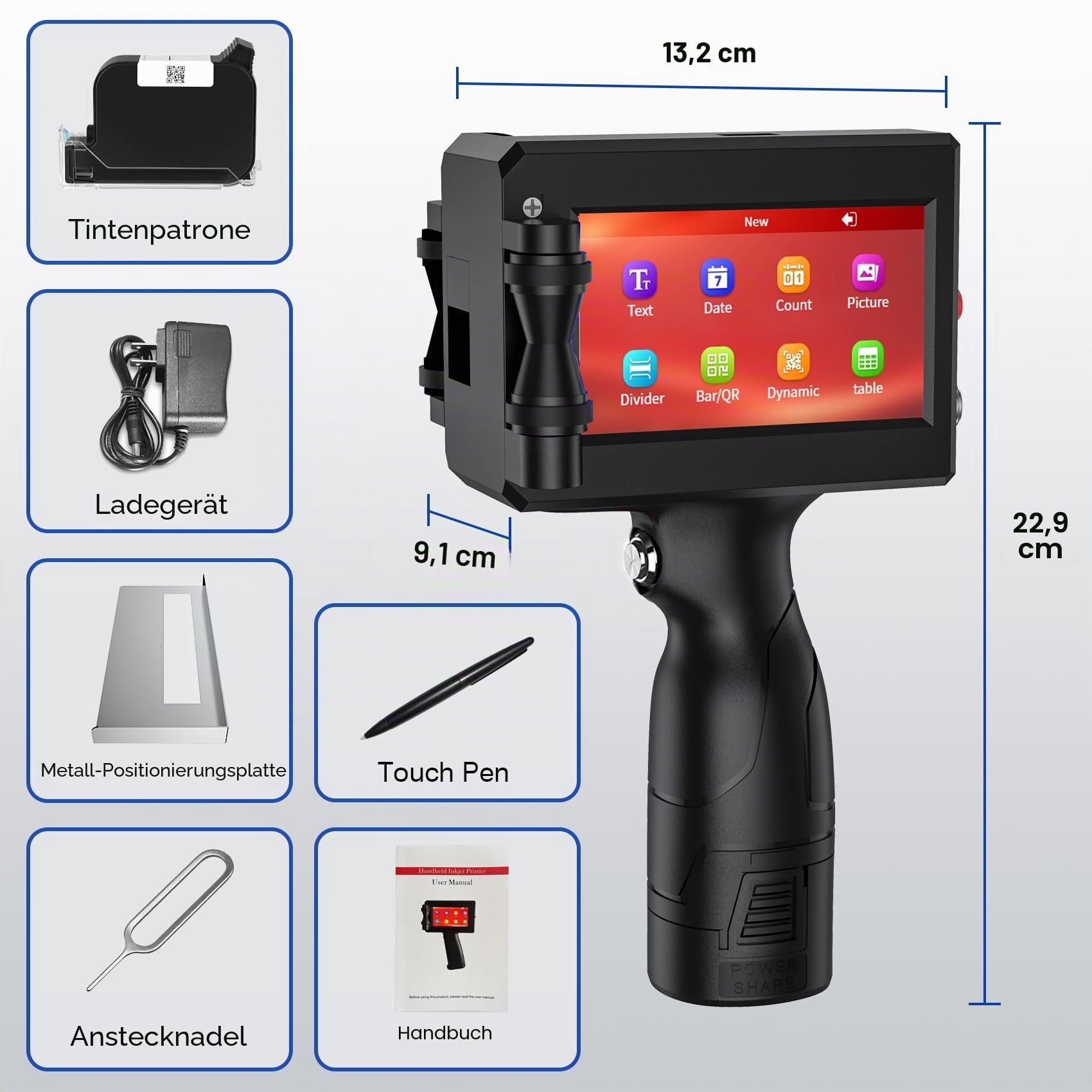 TIJ2510 Tragbarer Handdrucker mit Schnell Trocknender Tintenpatron Hand Tintenstrahldrucker 4,3 Zoll Touchscreen für Text QRCode/Barcode/Chargennummer/Datum/Bild
