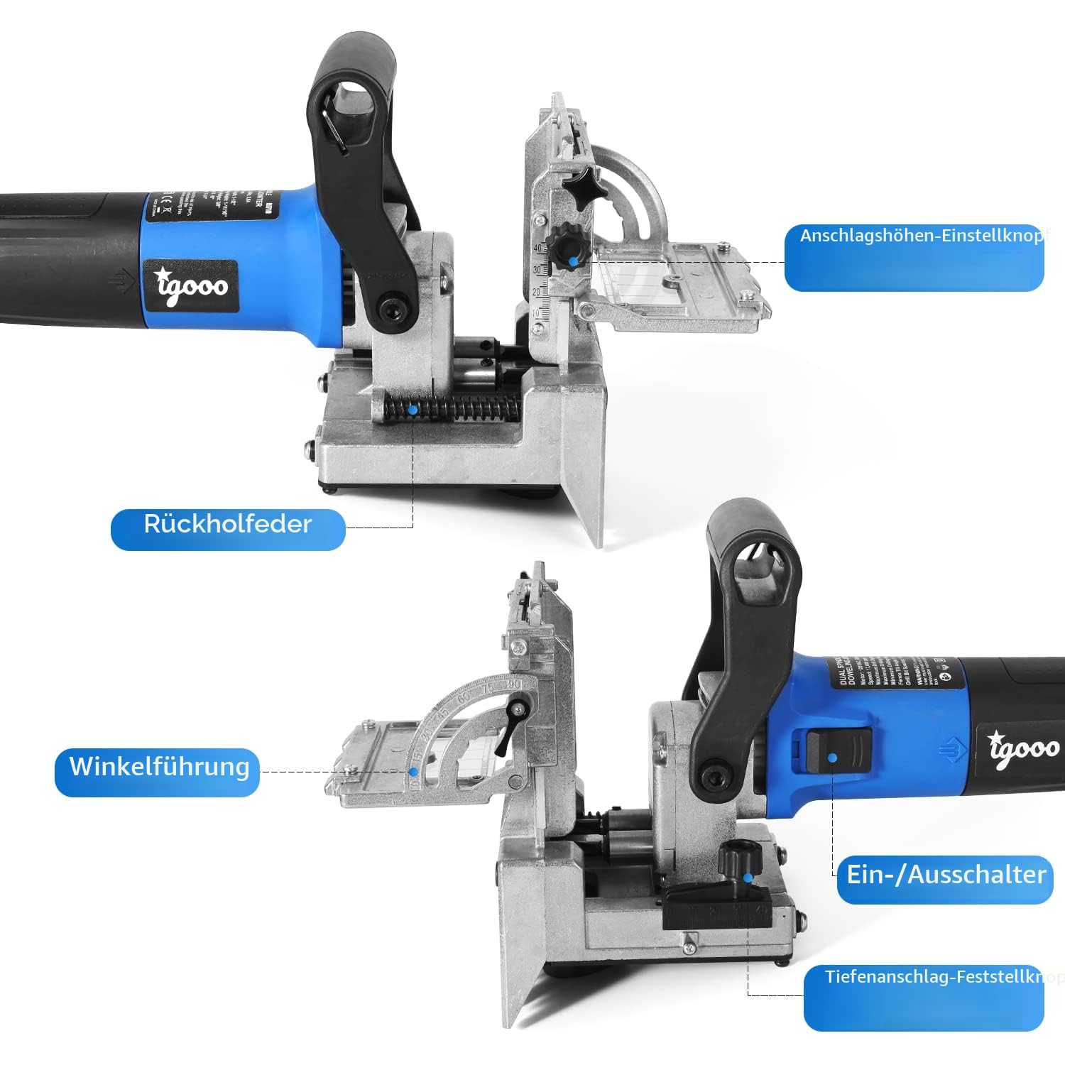 Dual-Spindle Doweling Jointer DJ710, Doppelspindel Dübelfräse, Flachdübelfräse, 710 W, 230 V, 50 Hz, UK/DE-Stecker, Holzdübelschneider, 2 x 8 mm und 2 x 6 mm Bohrer, 80 Holzdübel
