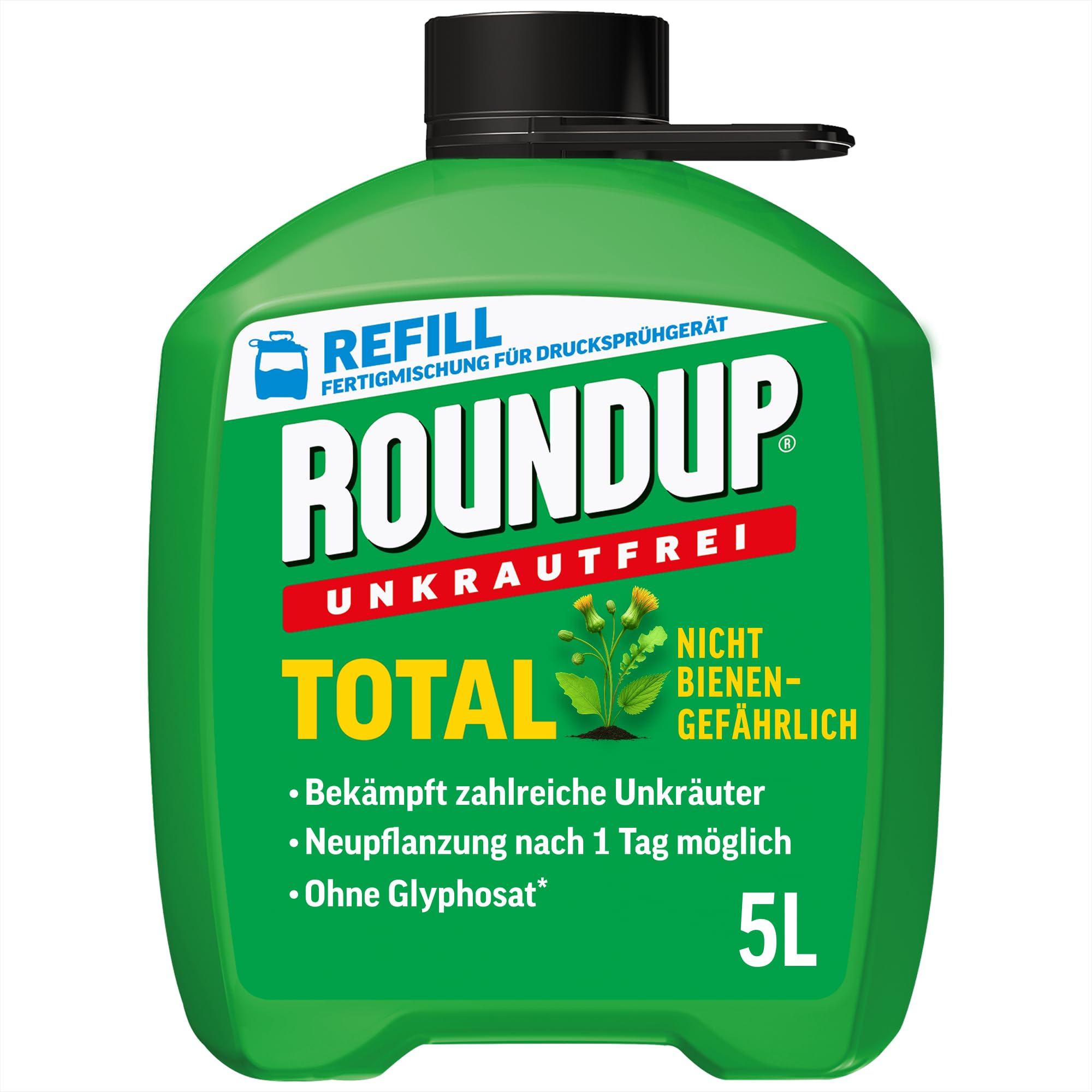 Roundup Unkrautfrei TOTAL, 5 Liter Nachfüller, Unkrautvernichter, zur Bekämpfung von Unkräutern, Gräsern und Moos