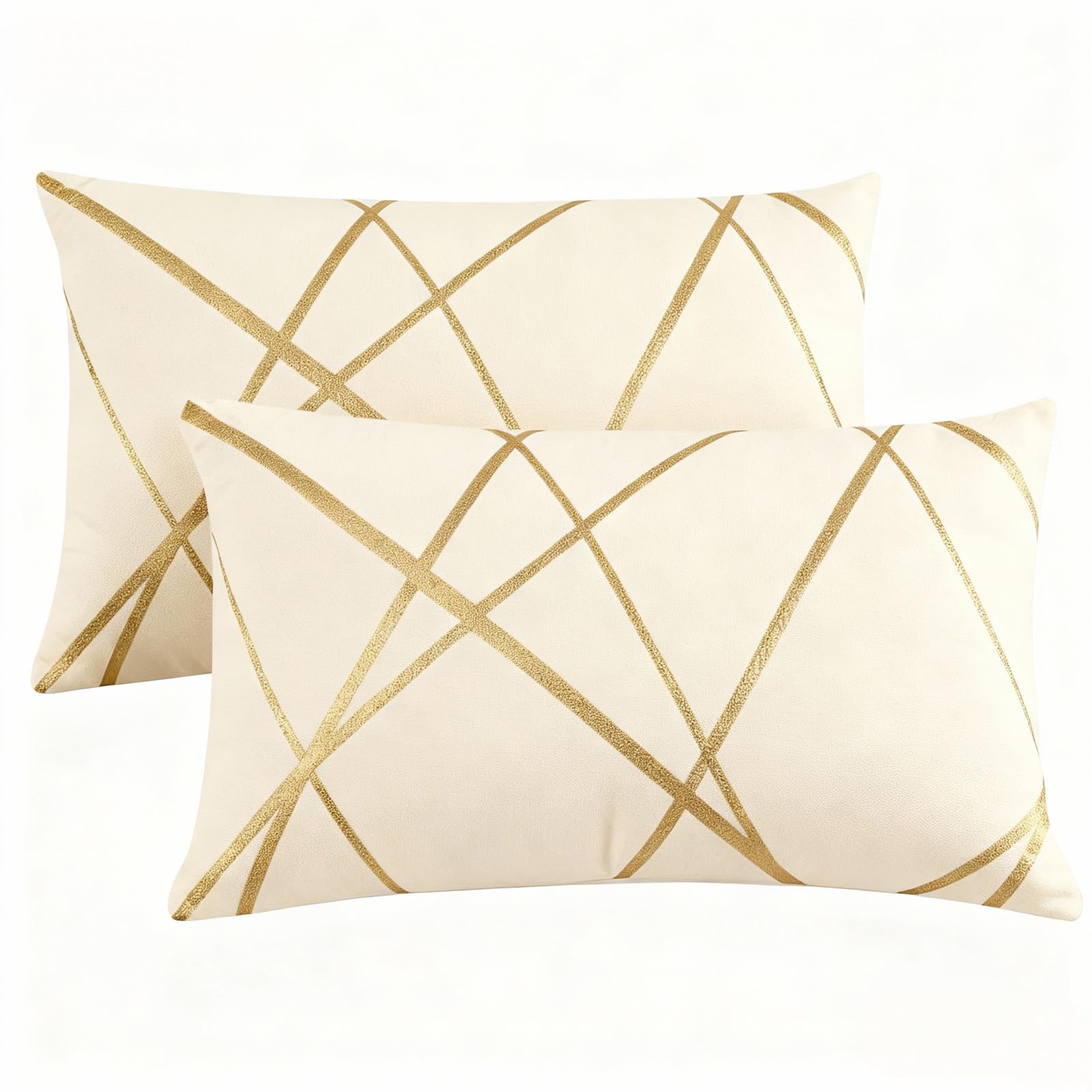 Miuyunya Pack of 2 Velvet Cushion Covers 30 x 50 cm Luxury Gold Striped Decorative Throw Pillow Covers Beige Rectangle Soft Lumbar Cushion Case Couch Pillowcases for Sofa Living Room Bedroom
