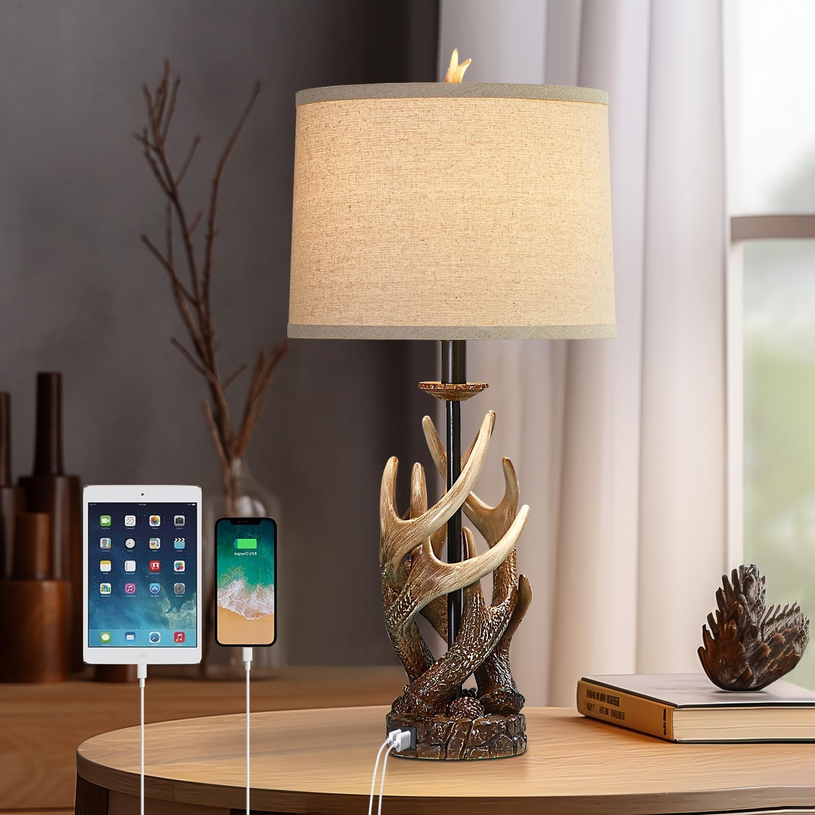 Rustic Farmhouse Table Lamp for Living Room End Table Deer Antler Lamps with USB Ports 28" Tall Western Lamps for Bedroom Cabin Country Lamps for Nightstand, Single, Bulb Not Included