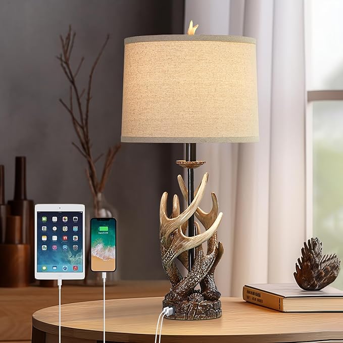 Rustic Farmhouse Table Lamp for Living Room End Table Deer Antler Lamps with USB Ports 28" Tall Western Lamps for Bedroom Cabin Country Lamps for Nightstand, Single, Bulb Not Included