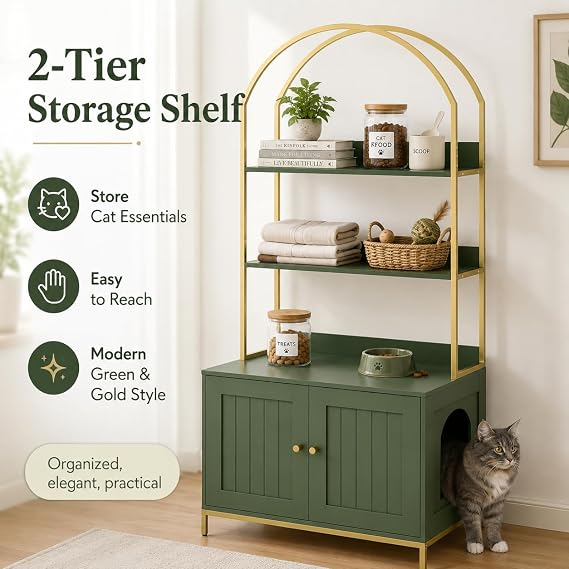Homhedy Cat Litter Box Enclosure with 2-Tier Shelves, Green and Gold