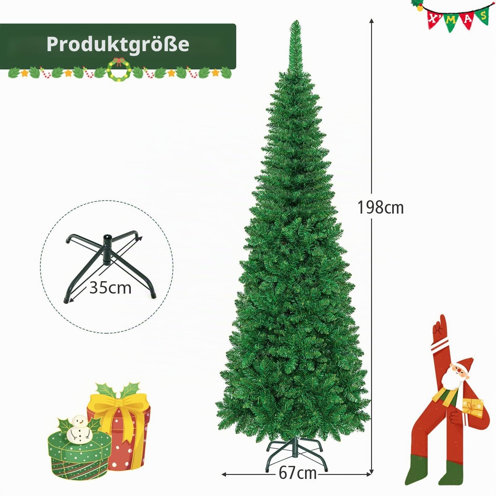 LIFEZEAL Bleistift Weihnachtsbaum, Künstlicher Tannenbaum mit warmweißen LED-Leuchten, Christbaum PVC Nadeln, Kunstbaum mit Klappsystem & Metallständer, Grün (200cm)