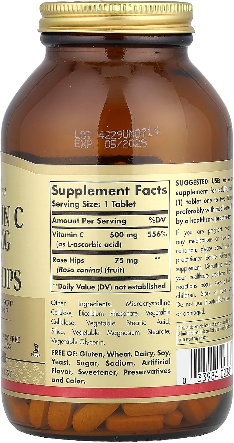 Solgar Vitamin C 500 mg with Rose Hips, 250 Tablets - Antioxidant & Immune Support - Overall Health - Supports Healthy Skin & Joints - Non GMO, Vegan, Gluten Free, Dairy Free, Kosher - 250 Servings