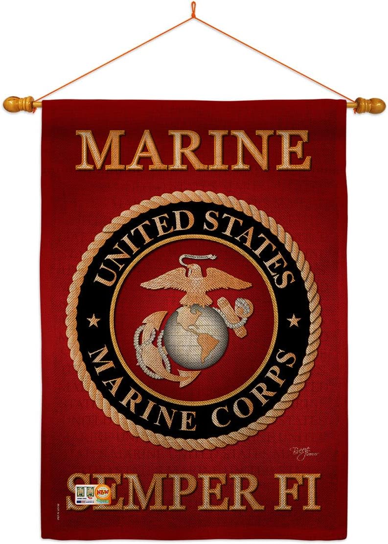 Marine Corps Burlap House Flag Dowel Set Armed Forces USMC Semper Fi United State American Military Veteran Retire Official Small Decorative Gift Yard Banner Double-Sided Made In USA 28 X 40