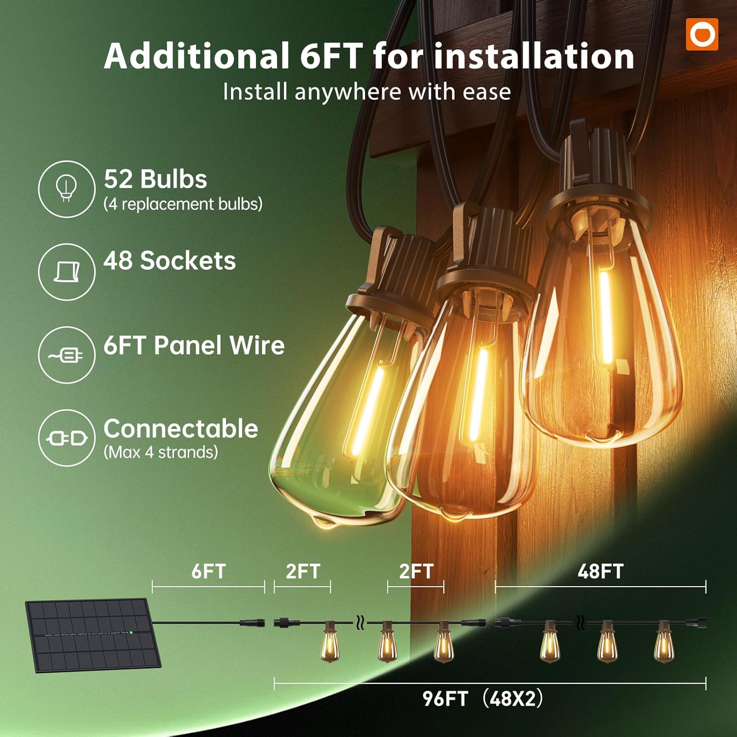 addlon 102FT(96+6) Solar String Lights Outdoor with Remote, 48 LED Dimmable Waterproof Patio Hanging Lights (2FT Bulb Spacing), Long-Lasting Solar Light for Outside, Yard, Backyard, Garden, Camping