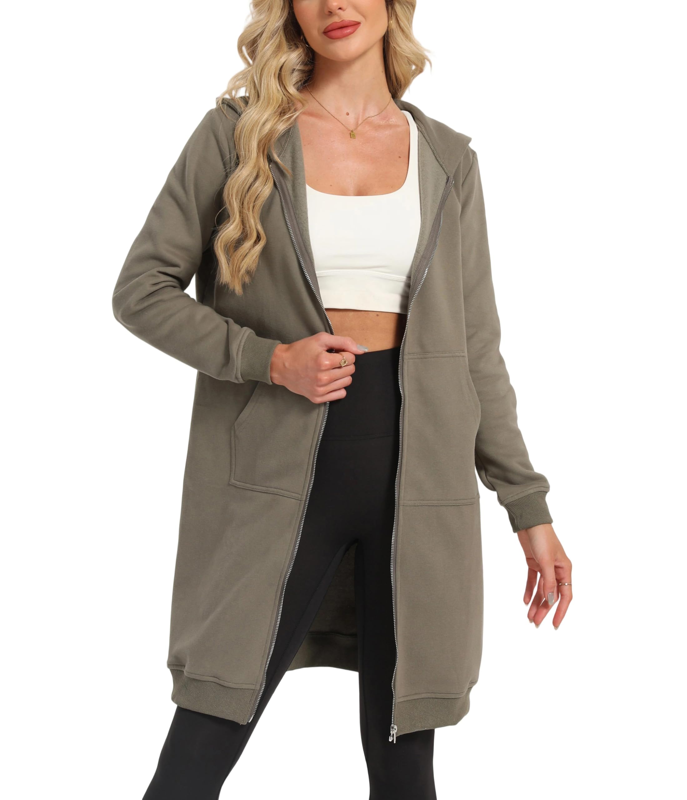 Timuspo Damen Lange Kapuzenjacke Weich und Locker Sweatjacke Einfarbig Zipper Hoodie Oversized Warm Sweatshirt Jacke Kapuzenpullover mit Taschen
