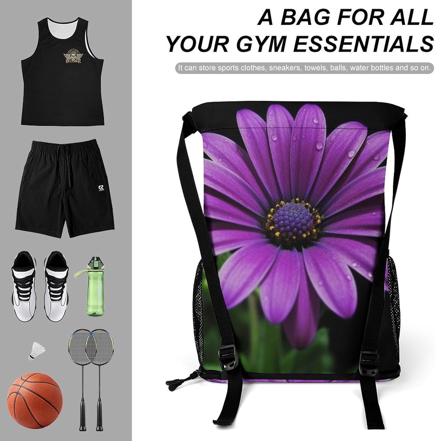 Small Gym Bag Purple Daisy Printed Drawstring Gym Bag for Men Lightweight Waterproof Drawstring Backpack for Women with Shoe Compartment for Travel Tourism Work And Fitness