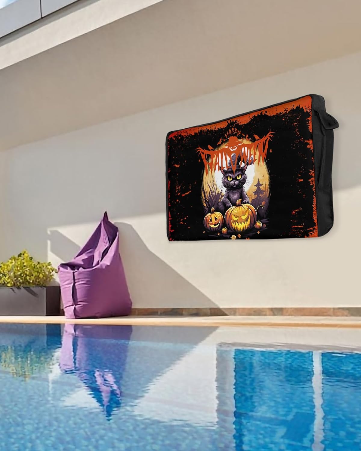 Outdoor TV Cover - Halloween Horror Pumpkin Black Cat Bat Waterproof and Weatherproof 60"-65" LCD Movable Shield TV Display Screen Protector Outside Television Covers