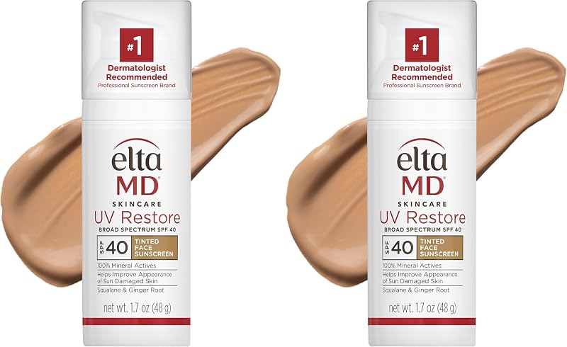 EltaMD UV Restore Tinted Sunscreen for Face SPF 40,Tinted Mineral Sunscreen for Sun Damaged Skin Repair Face,Anti Aging Zinc Oxide Moisturizer Formula,1.7 oz,(Pack of 2)