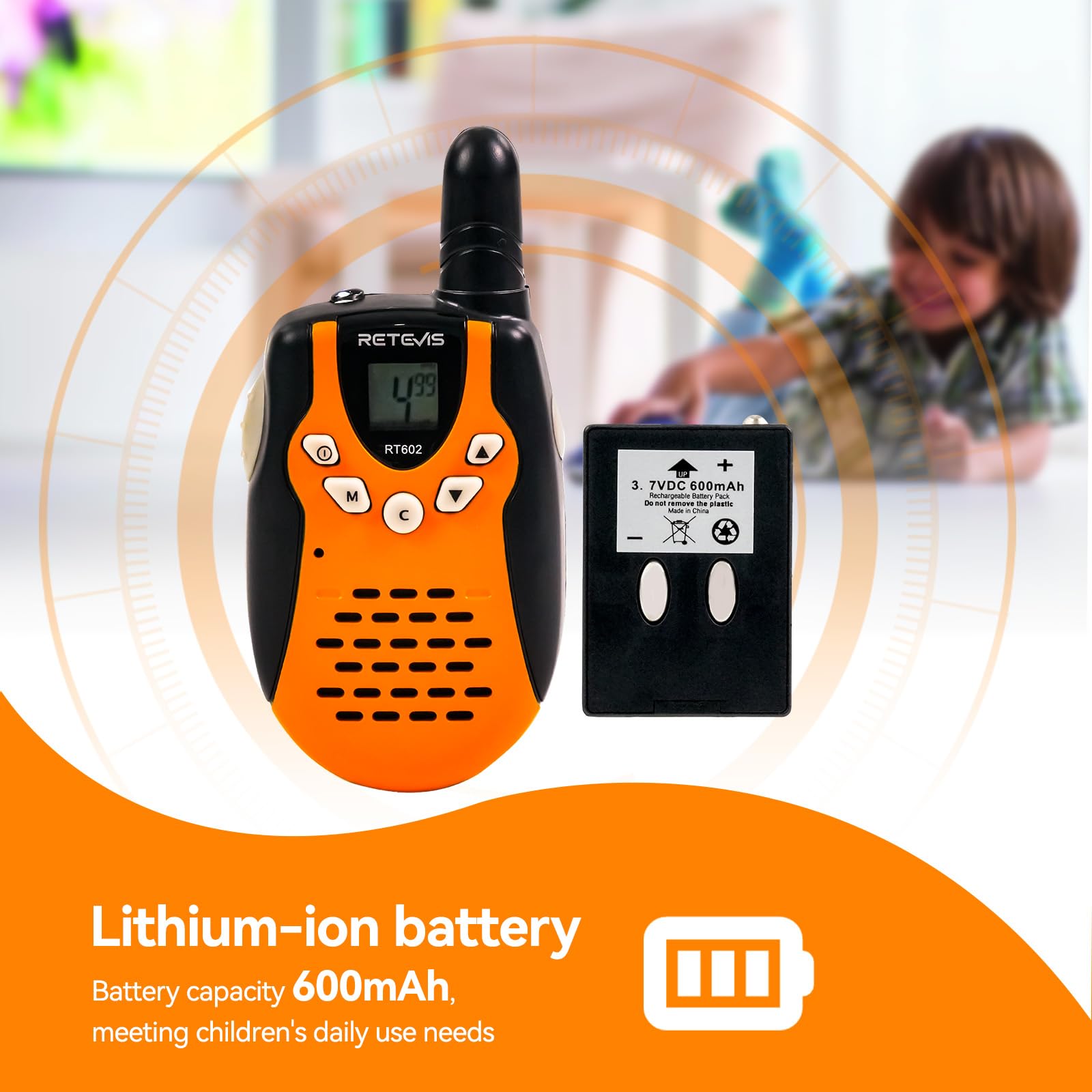 Retevis RT602 Walkie Talkie Ricaricabile Bambini, Batterie Li ion e Caricabatterie, Torcia a 8 Canali, Regali Natale Bambini a Lungo Raggio per Attività al Chiuso o all'Aperto (1 Paio, Arancione)