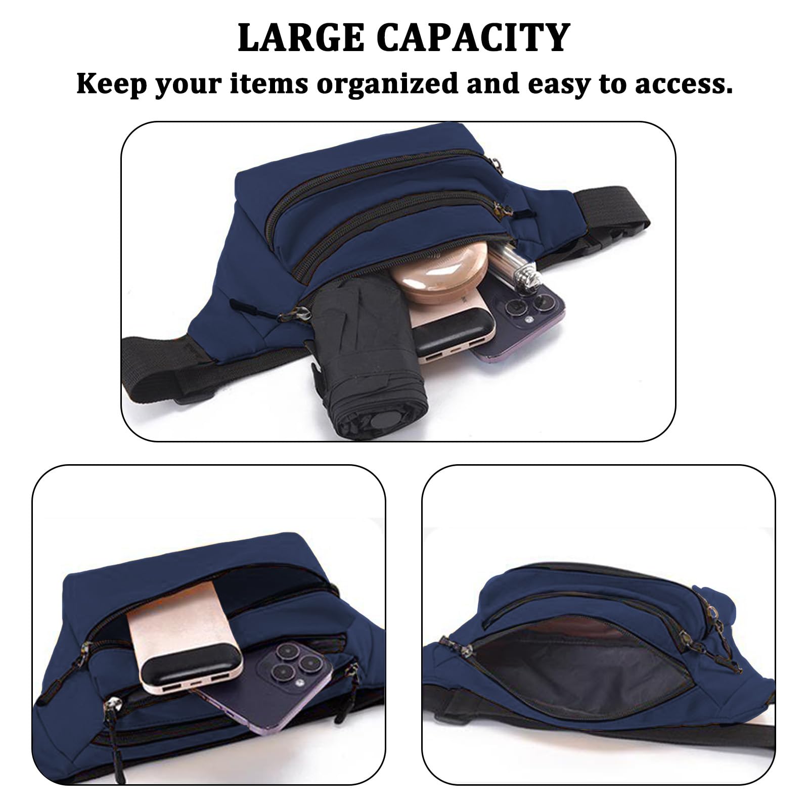 Bum Bag for Men Women Waterproof Waist Pack with Adjustable Belt 3 Zipper Pockets Lightweight Water-Resistant Fanny Pack for Travel Sports Running Hiking — view 4