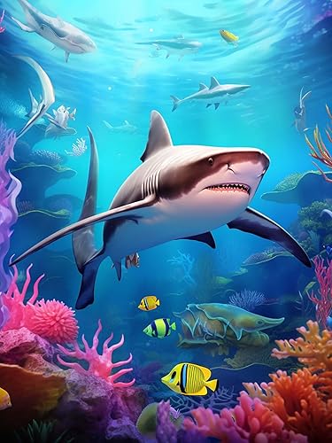 Joechie Kits de pintura de diamantes, kits de arte de diamantes de tiburón para adultos, niños principiantes, pintura del mundo submarino 5D para