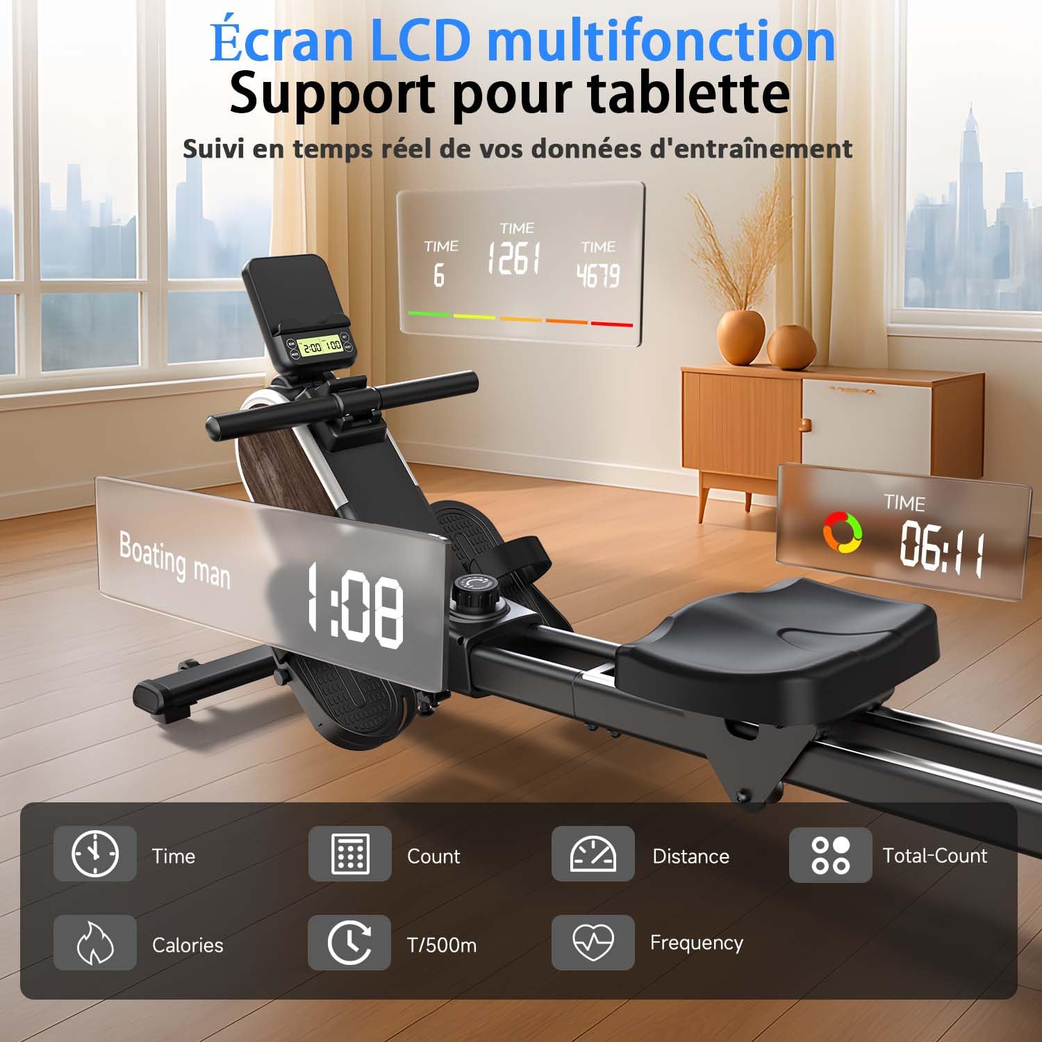 CHAOKE Rameur Magnétique D'appartement, Rameur Bluetooth avec écran LCD, 16 Niveaux de Résistance, Rails Doubles Améliorés, Silencieux, Idéal pour l’Entraînement Cardio à Domicile, Capacité 160KG