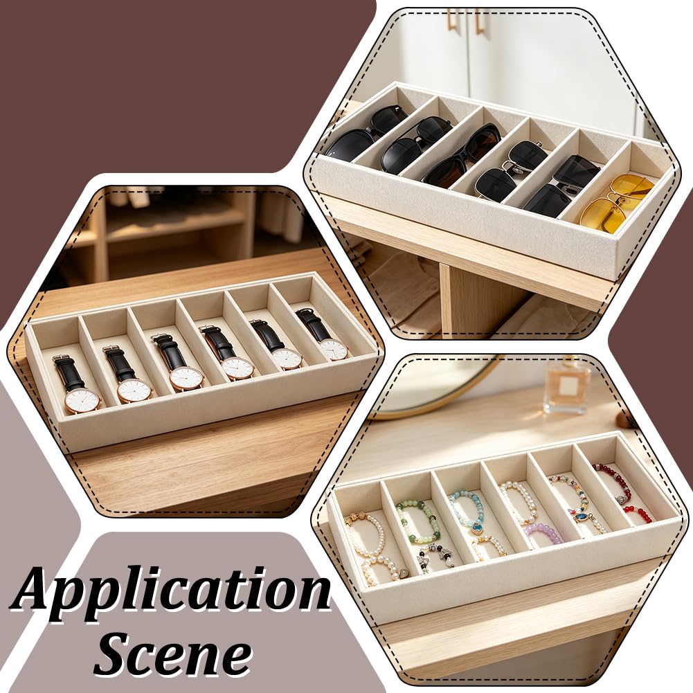AHANDMAKER 4 Stück Samt Sonnenbrillen Organizer Tablett 6 Fächer Weiß Brillen Schmuck Display Uhr Aufbewahrungs Box für Frauen Kosmetiktisch Nachttisch Schublade Organisation