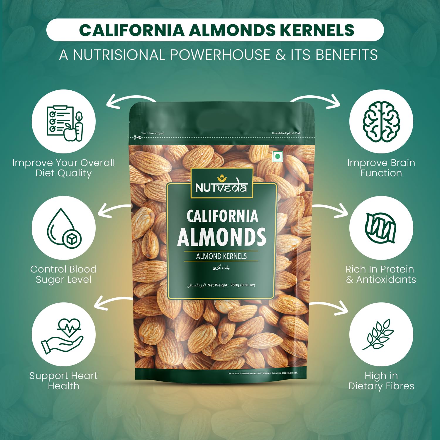 NUTVEDA California Almonds 250gm | Badam Giri | RIch Source of Vitamins & Fibre | Gluten Free | Zero Cholestrol - Image 4 thumbnail
