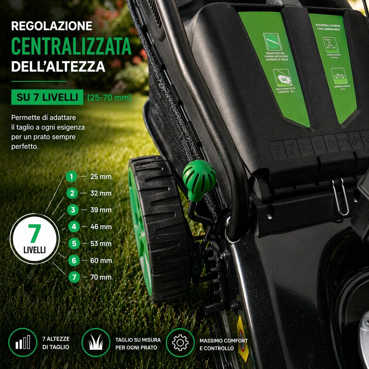 Tosaerba Rasaerba Semovente a Scoppio Motore 4 Tempi 146cc 3KW Taglio 46cm a Trazione 4 in 1 Mulching Raccolta Scarico Laterale Posteriore Regolazione Altezza di Taglio a 7 Livelli 25-70 mm Giardino
