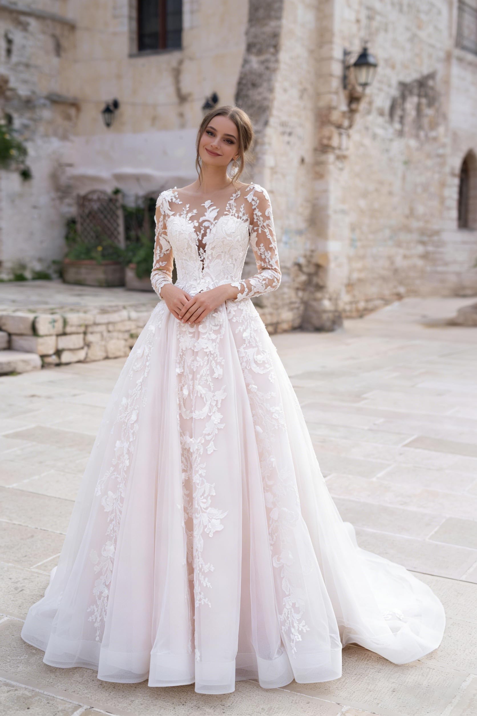 Spitzenapplikationen Brautkleider A-Linie Standesamt Lange Ärmel Brautkleid Hochzeitskleid Für Die Braut Mit Zug