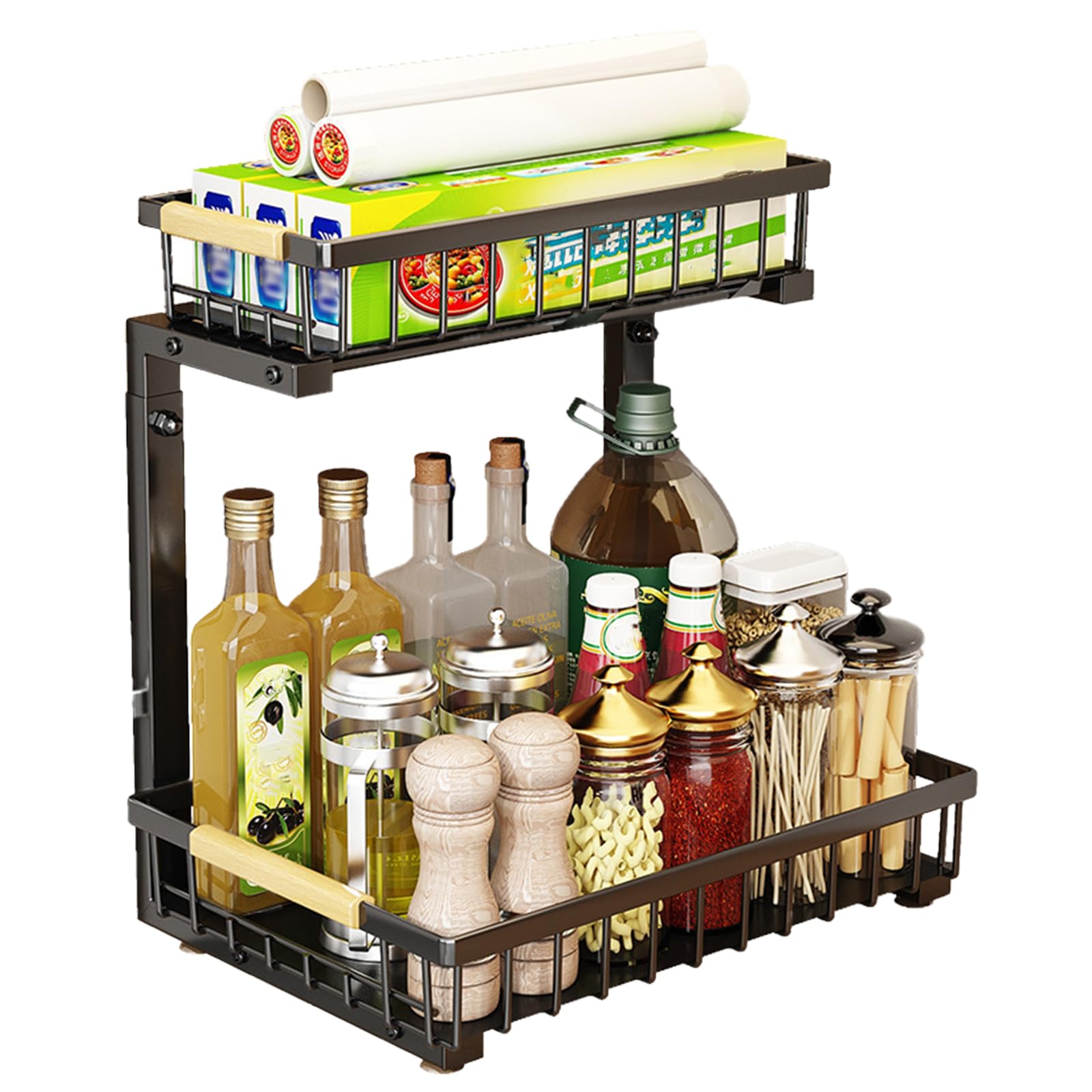 2 Niveles Organizador Fregadero, Metal Deslizantes Organizador Fregadero Armario, Estantería bajo Fregadero, Baño, Cocina (Negro)