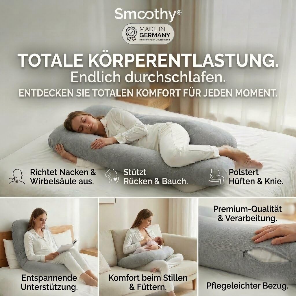 SMOOTHY XXL Schwangerschaftskissen Seitenschläferkissen U-Form 150x80 cm 100% Baumwolle Grau