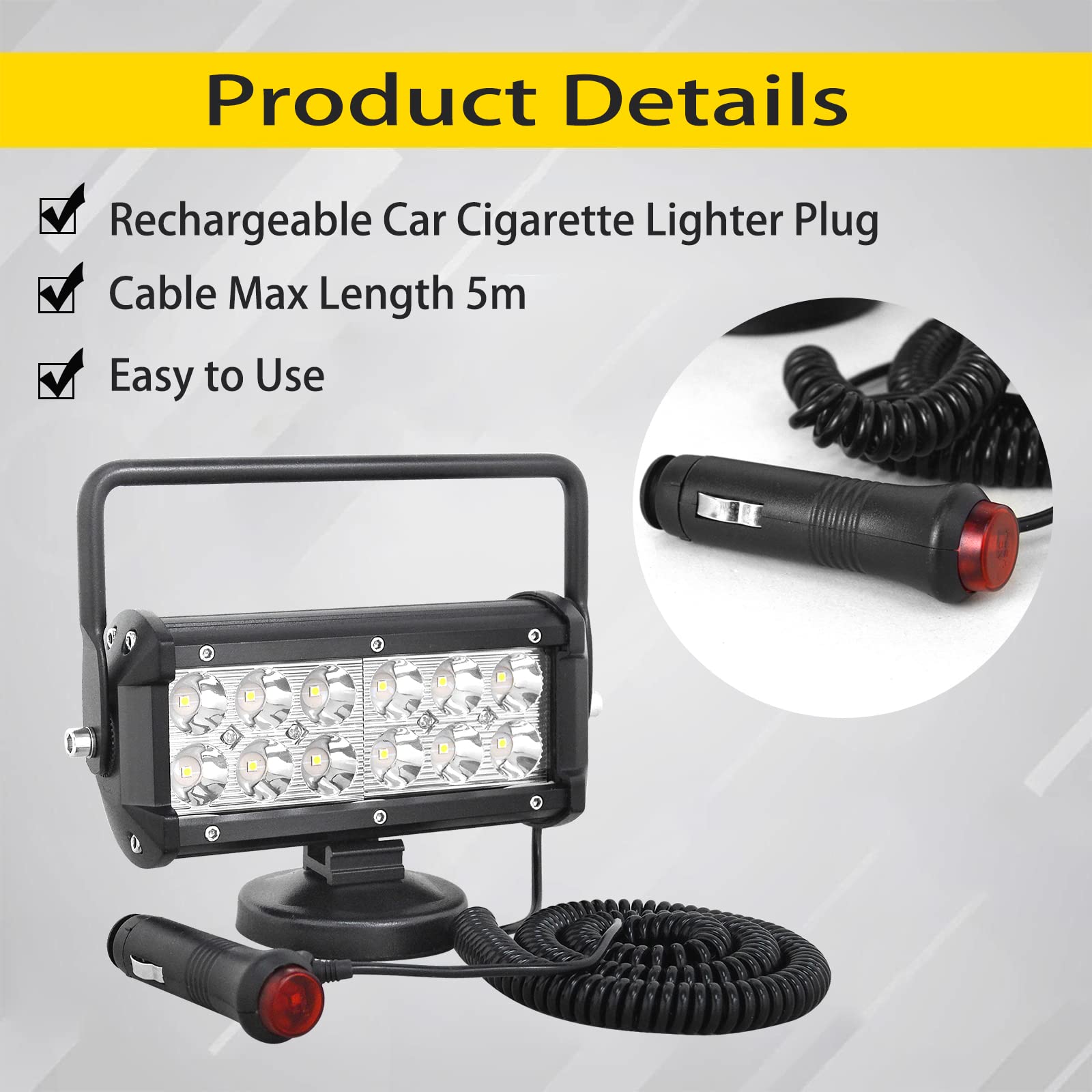 PICAA 2 pezzi Faro da Ricerca LED, 7 pollici 36W Spot Luce da Lavoro con Base Magnetica, 12V 24V Barra LED per Fuoristrada Auto SUV Camion 4x4 Trattore Barca
