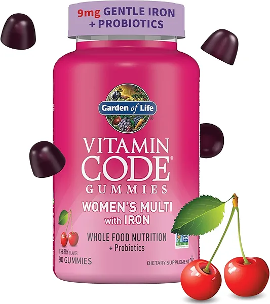Garden of Life Vitamin Code Women’s Multivitamin Gummy with Iron: Folate, Biotin, D3 & B12 for Hair, Skin & Nails + Probiotics for Immune Health & Digestion, Non-GMO, Gluten-Free, 90 Cherry