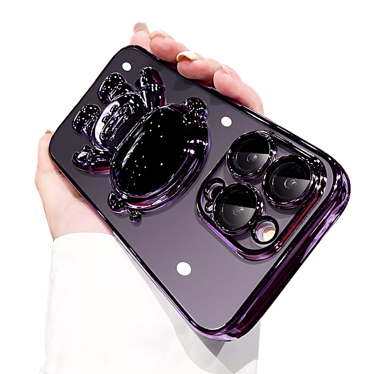 MANLENO Electroplated Astronaut Hidden Stand Case for iPhone 14 Pro Max Case for Women with Camera Protection Foldable Astronaut Kickstand Phone Case Soft Glitter Bling Protective Case (Deep Purple)