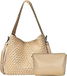 Woven Tote Bag for Women, Vegan Leather Woven Tote Bag, Handmade Large Capacity Summer Retro Handbag Woven Tote Bag Set, Purse Neoprene Shoulder Bags for Beach Shopping Travel Daily Gym (Apricot)