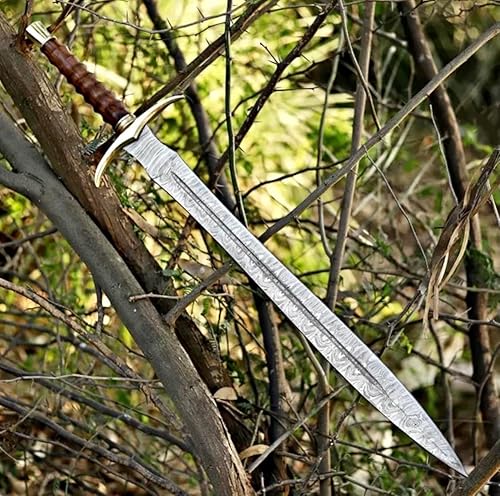 Miniatura 3 de Espada vikinga de Damasco hecha a mano de 38 pulgadas, real medieval LARP Cosplay nórdico espadas con funda de cuero, mango de palisandro, réplica