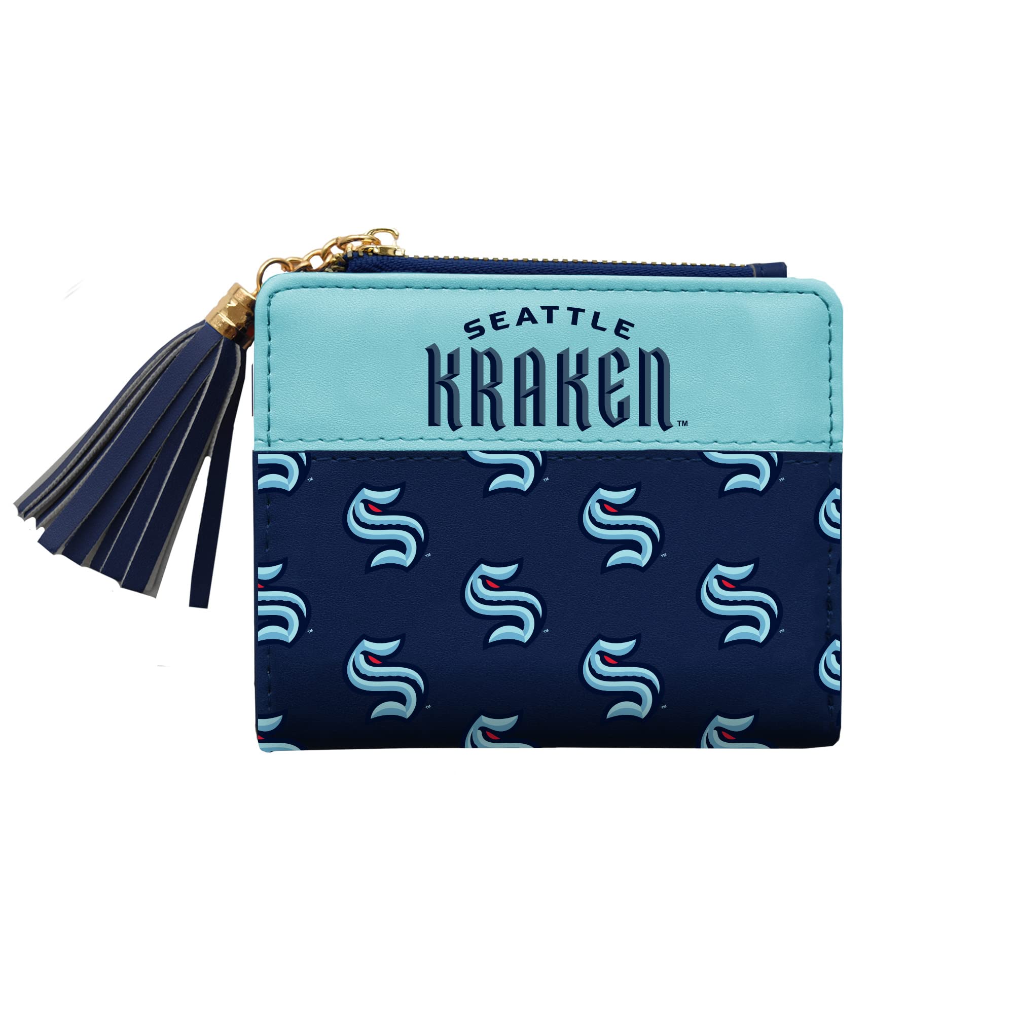 Littlearth Seattle Kraken NHL Mini Organizer Wallet, Blue, Silver, 3 Card Slots, Zippered Pocket, Tassel Pull, Adult, Unisex, Sports, Faux Leather